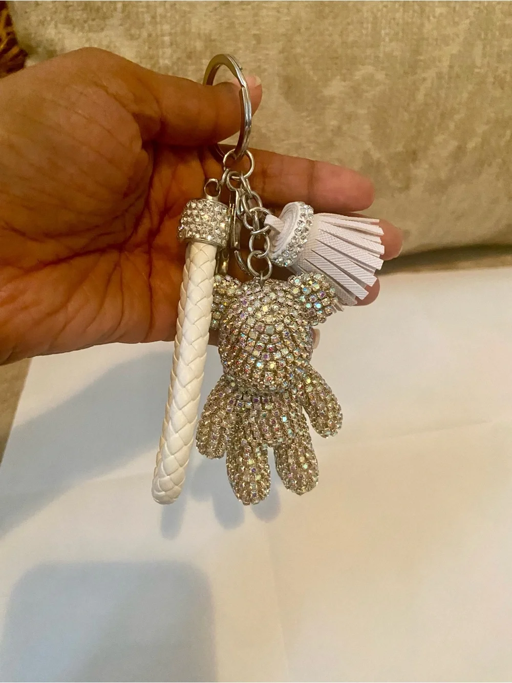 Crystal Teddy Bear Keychain with White Tassel and Braided Strap